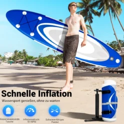 Aufblasbares Paddle Board mit verstellbarem Paddel tragbares SUP Board 335 x 80 x 15 cm Blau + Weiß