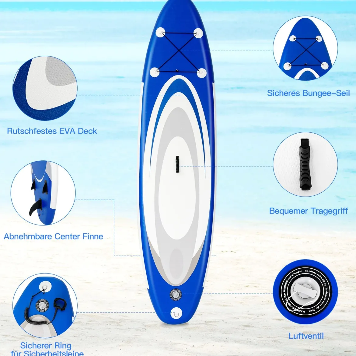 Aufblasbares Paddle Board mit verstellbarem Paddel tragbares SUP Board 335 x 80 x 15 cm Blau + Weiß