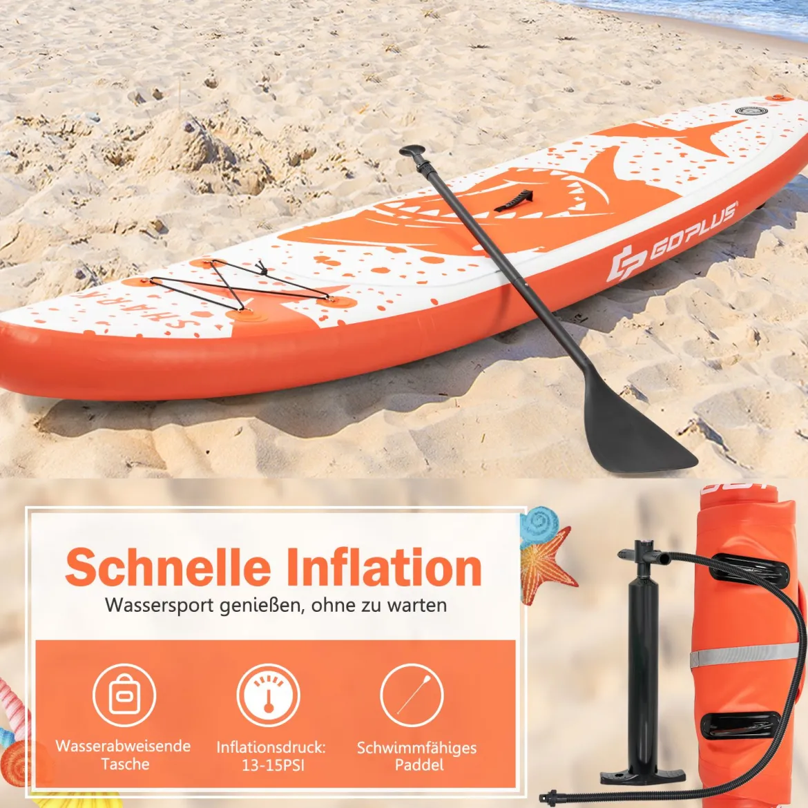 Aufblasbares Paddle Board Stand-Up Surfboard 335 x 76 x 15 cm Hai-Muster Orange + Weiß