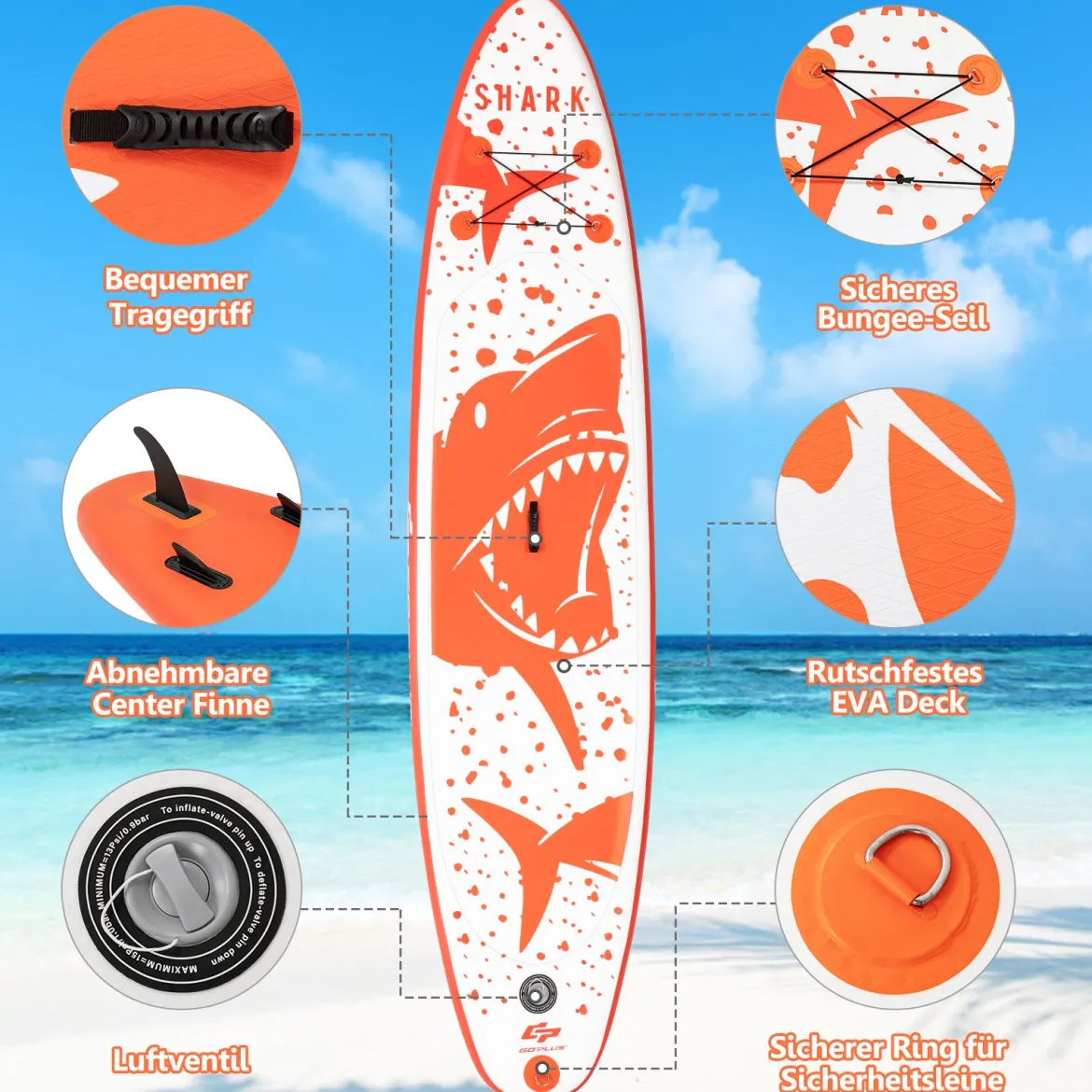 Aufblasbares Paddle Board Stand-Up Surfboard 335 x 76 x 15 cm Hai-Muster Orange + Weiß