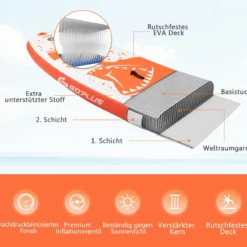 Aufblasbares Paddle Board Stand-Up Surfboard 335 x 76 x 15 cm Hai-Muster Orange + Weiß