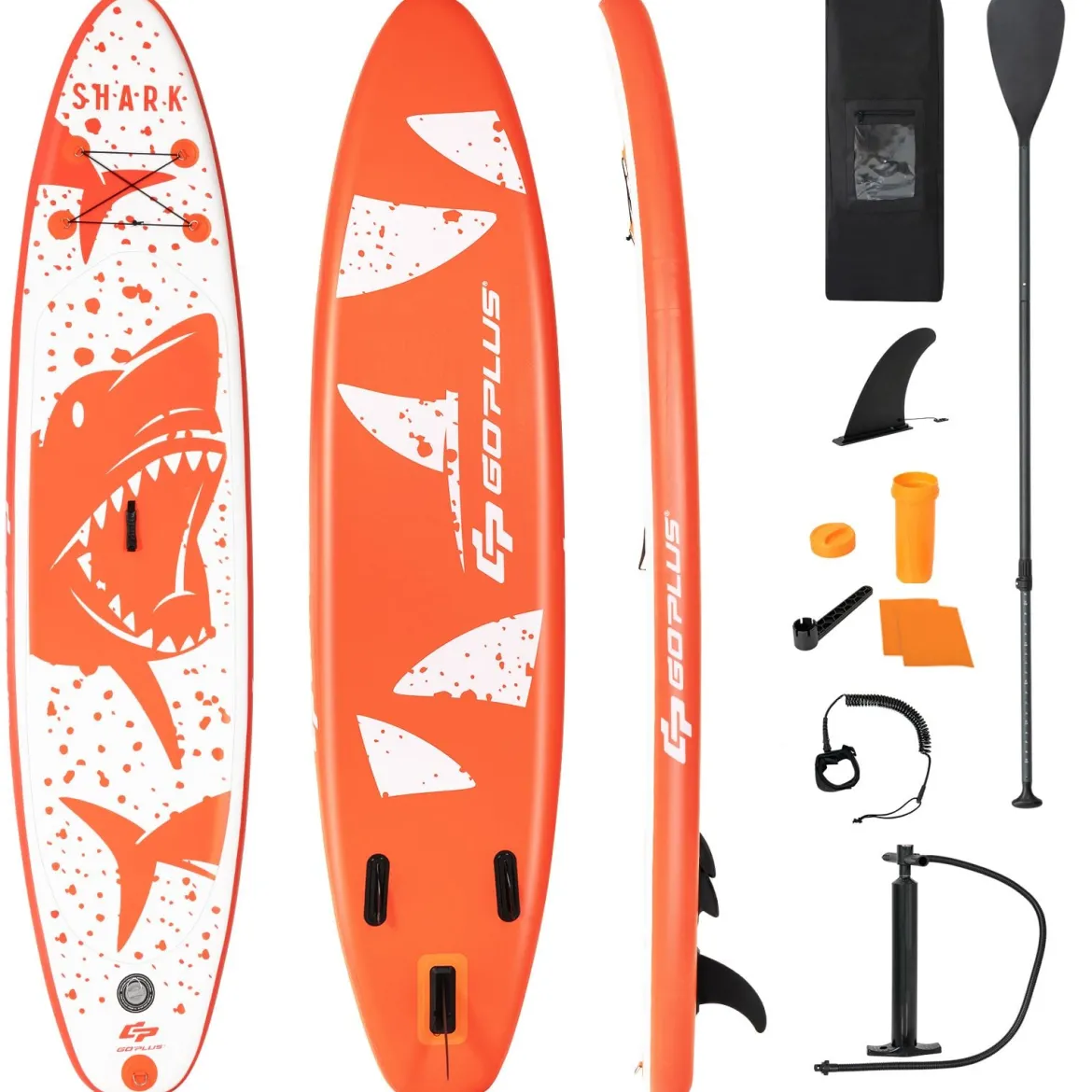 Aufblasbares Paddle Board Stand-Up Surfboard 335 x 76 x 15 cm Hai-Muster Orange + Weiß
