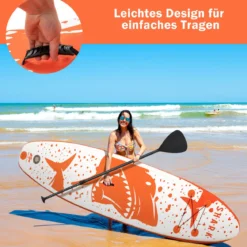 Aufblasbares Paddle Board Stand-Up Surfboard 335 x 76 x 15 cm Hai-Muster Orange + Weiß