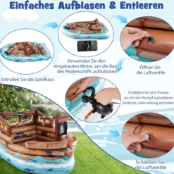 Aufblasbares Piratenschiff Spielhaus Aufblasbare Spiellandschaft mit eingebautem Motor 203 x 138 x 138 cm Mehrfarbig