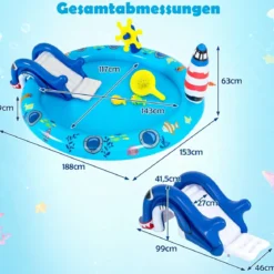 Aufblasbares Planschbecken Wasserspielzentrum mit Meeresmotiven und Haiförmiger Rutsche