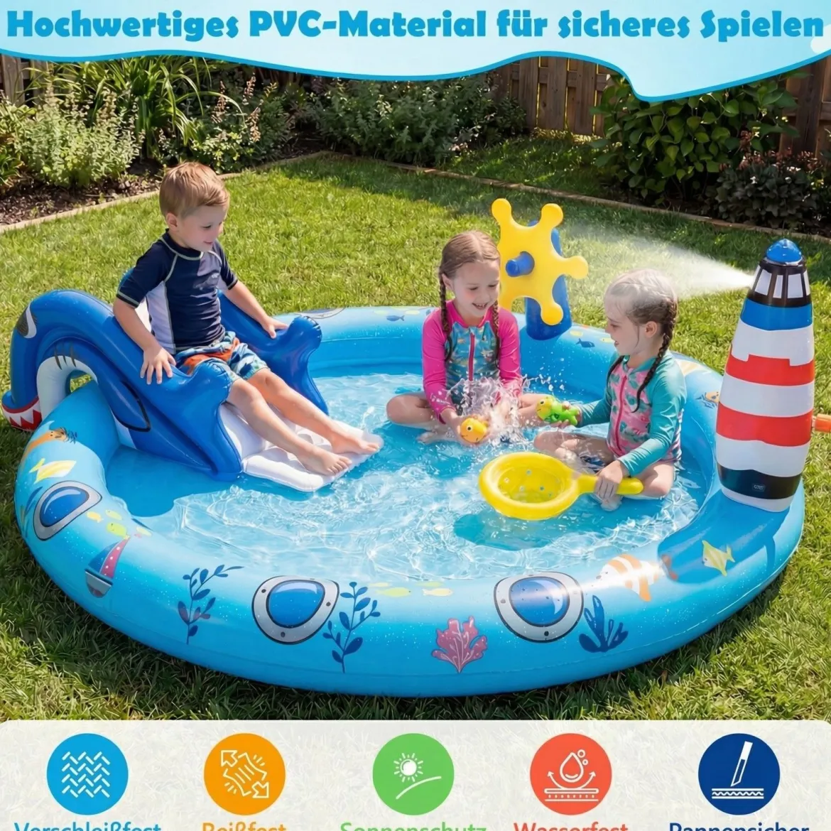 Aufblasbares Planschbecken Wasserspielzentrum mit Meeresmotiven und Haiförmiger Rutsche