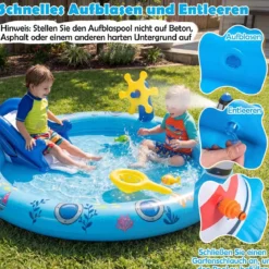 Aufblasbares Planschbecken Wasserspielzentrum mit Meeresmotiven und Haiförmiger Rutsche