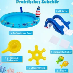 Aufblasbares Planschbecken Wasserspielzentrum mit Meeresmotiven und Haiförmiger Rutsche