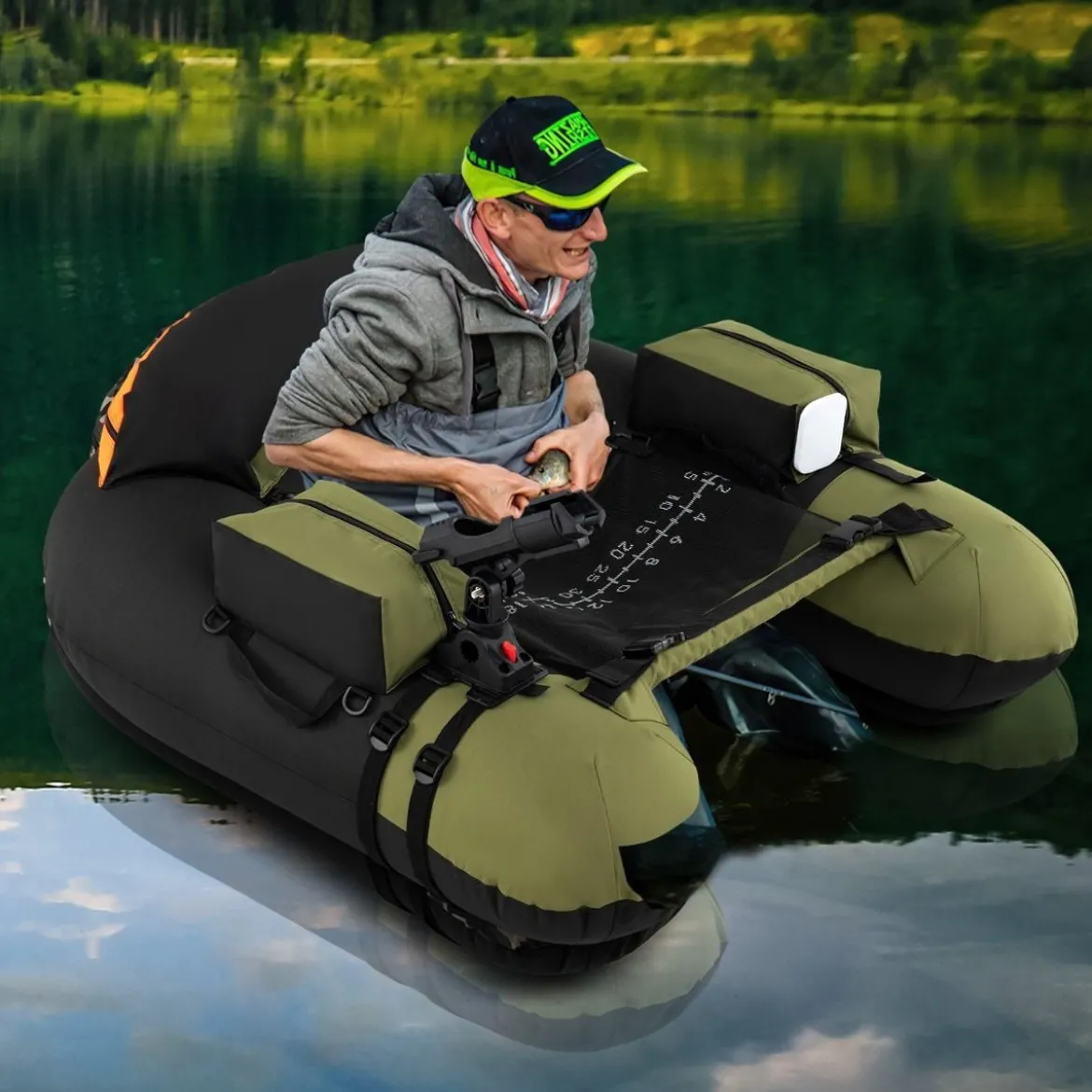 Aufblasbares Schlauchboot Angelboot mit einstellbarem Angelrutenhalter Fischhakenstator Aluminium-Paddel Grün