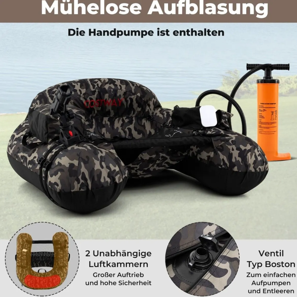 Aufblasbares Schlauchboot Angelboot mit einstellbarem Angelrutenhalter Fischhakenstator Aluminium-Paddel & Flossen Tarnfarben