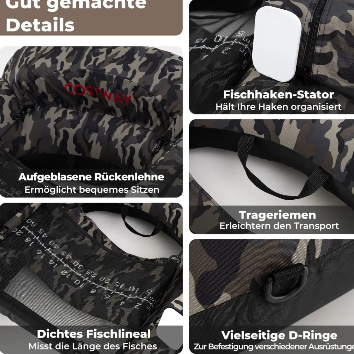 Aufblasbares Schlauchboot Angelboot mit einstellbarem Angelrutenhalter Fischhakenstator Aluminium-Paddel & Flossen Tarnfarben