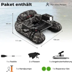 Aufblasbares Schlauchboot Angelboot mit einstellbarem Angelrutenhalter Fischhakenstator Aluminium-Paddel & Flossen Tarnfarben