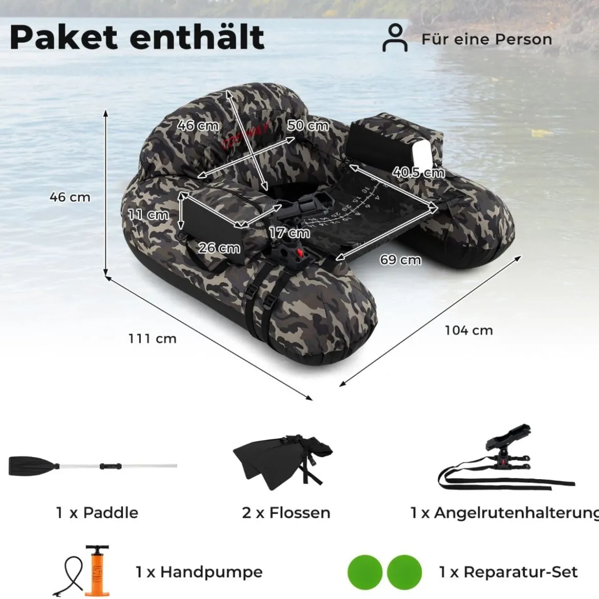 Aufblasbares Schlauchboot Angelboot mit einstellbarem Angelrutenhalter Fischhakenstator Aluminium-Paddel & Flossen Tarnfarben