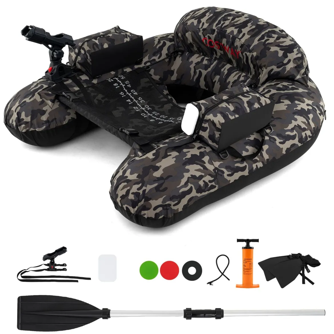 Aufblasbares Schlauchboot Angelboot mit einstellbarem Angelrutenhalter Fischhakenstator Aluminium-Paddel & Flossen Tarnfarben
