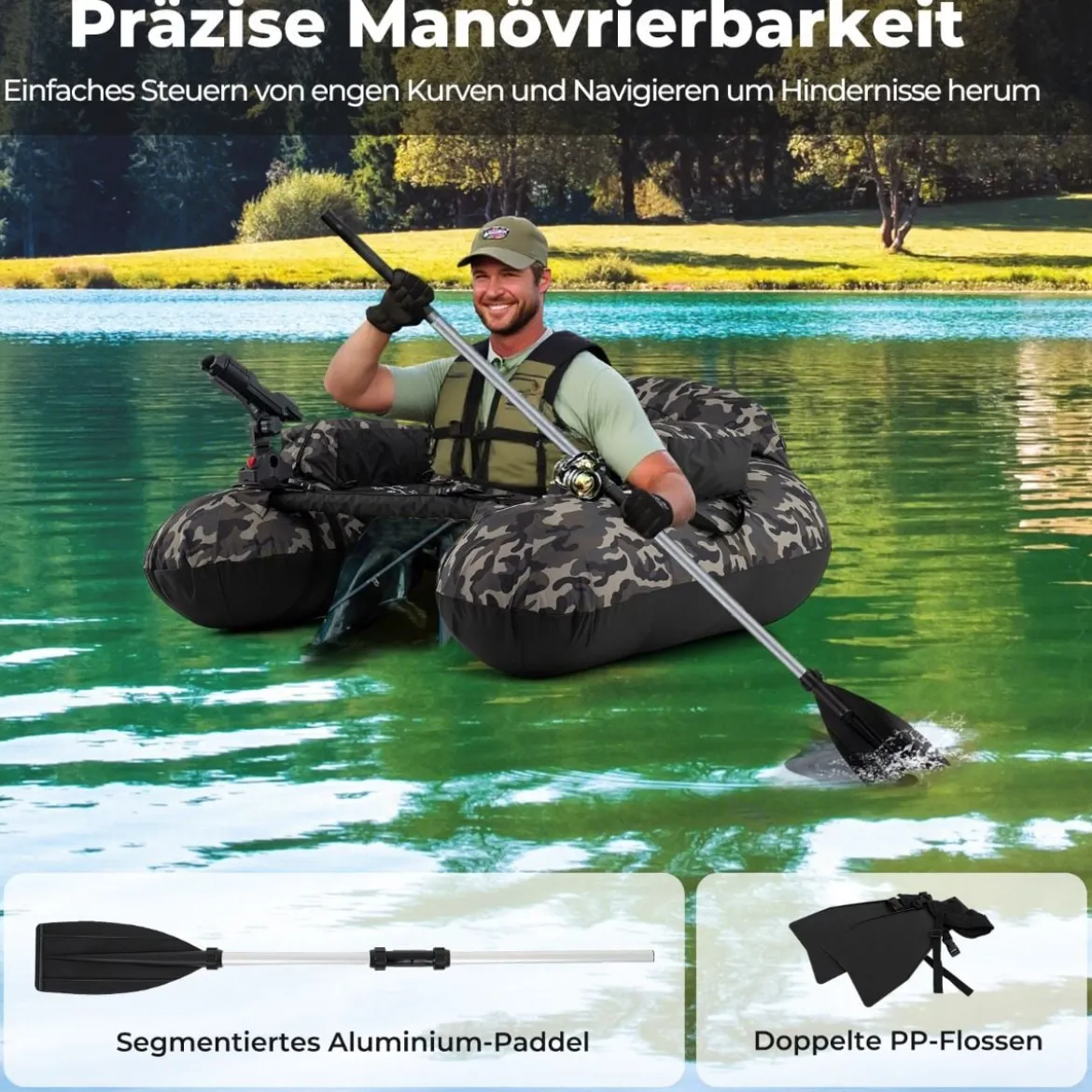 Aufblasbares Schlauchboot Angelboot mit einstellbarem Angelrutenhalter Fischhakenstator Aluminium-Paddel & Flossen Tarnfarben