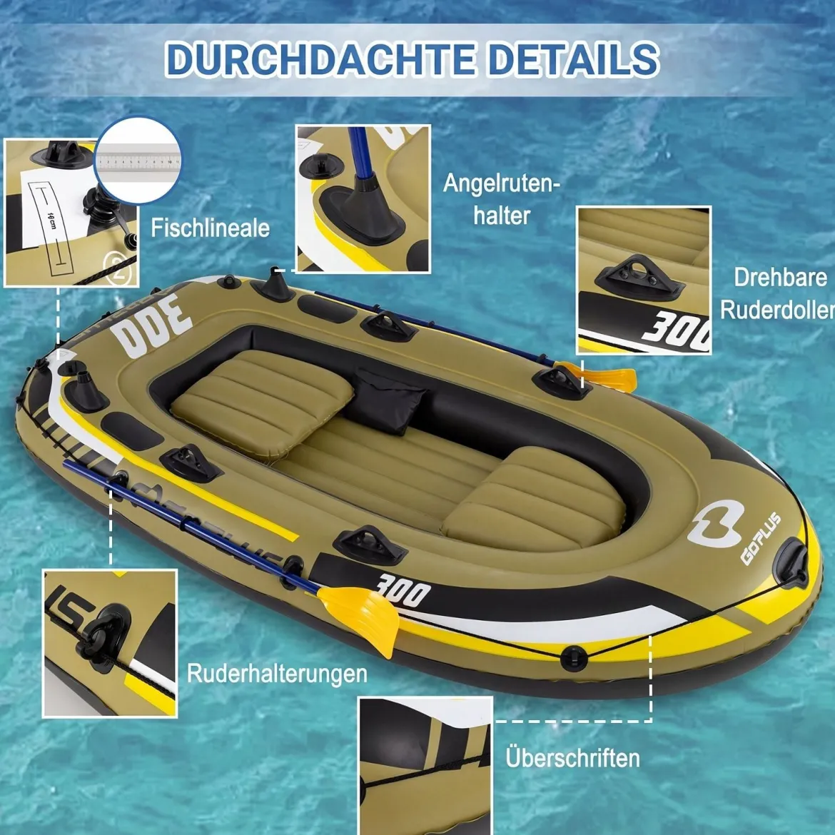 Aufblasbares Schlauchboot für 2 Erwachsene & 1 Kind Angelboot mit 3 Luftkammern Boston-Ventilen 265 kg Tragkraft