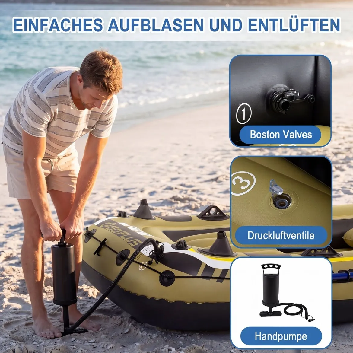 Aufblasbares Schlauchboot für 2 Erwachsene & 1 Kind Angelboot mit 3 Luftkammern Boston-Ventilen 265 kg Tragkraft