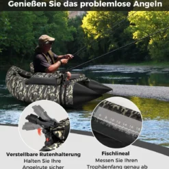 Aufblasbares Schlauchboot mit Flossen & Fischlineal & Rutenhalter Angelboot Camouflage