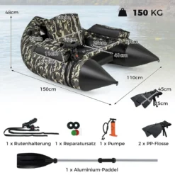 Aufblasbares Schlauchboot mit Flossen & Fischlineal & Rutenhalter Angelboot Camouflage