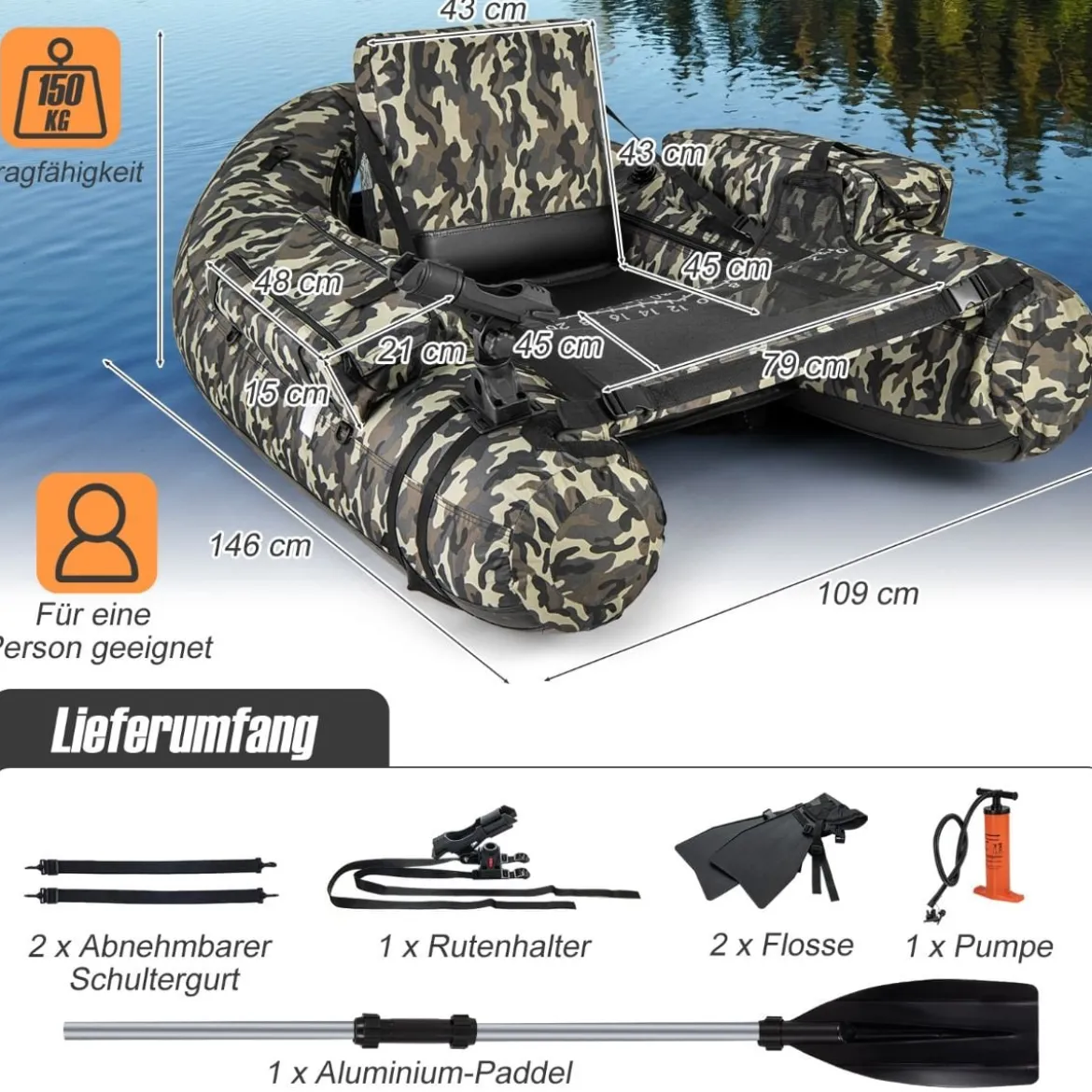 Aufblasbares Schlauchboot mit Fischlineal & Rutenhalter & Paddel Angelboot Camouflage