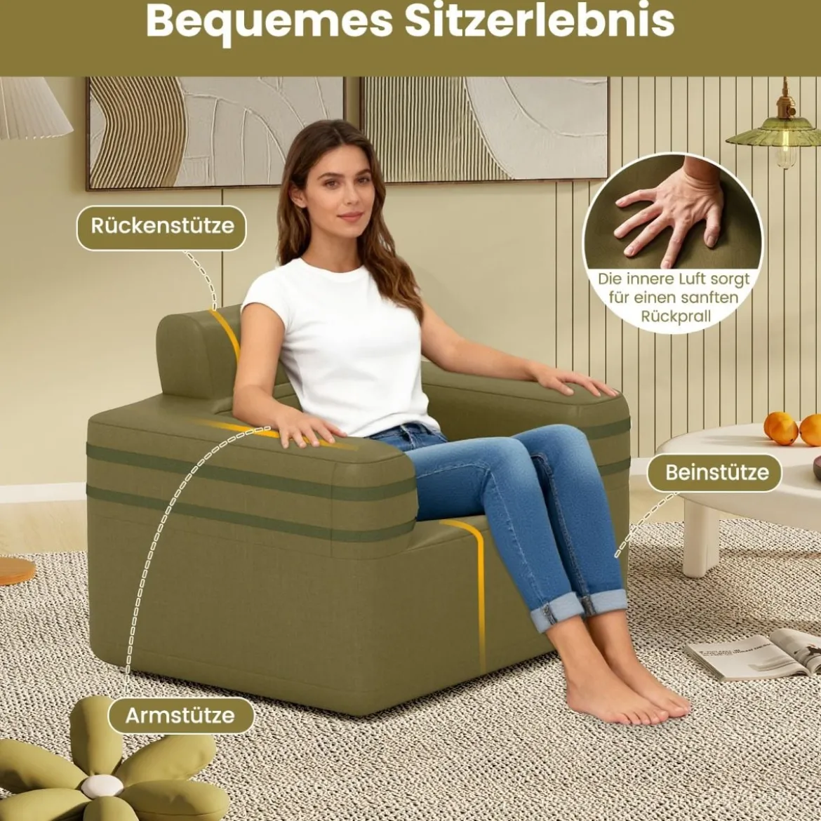 Aufblasbares Sofa mit Integrierter Pumpe & Aufbewahrungstasche Camping Luftsofa für 1 Person
