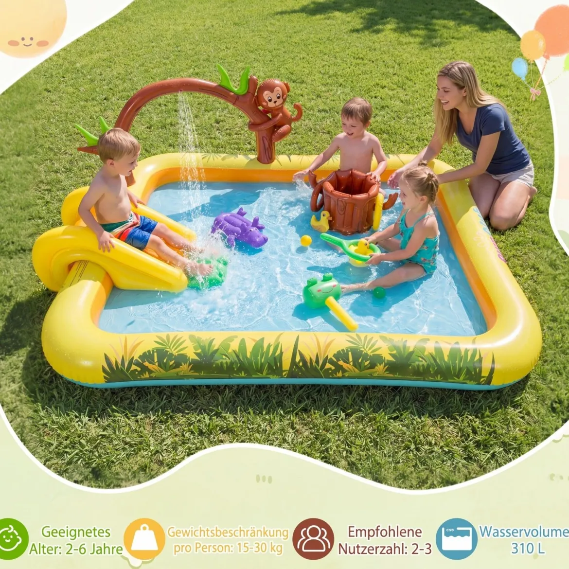 Aufblasbares Spielzentrum mit Rutsche Jungle Adventure Kinderpool mit Planschbecken Affe Sprinkler & Baumstumpf