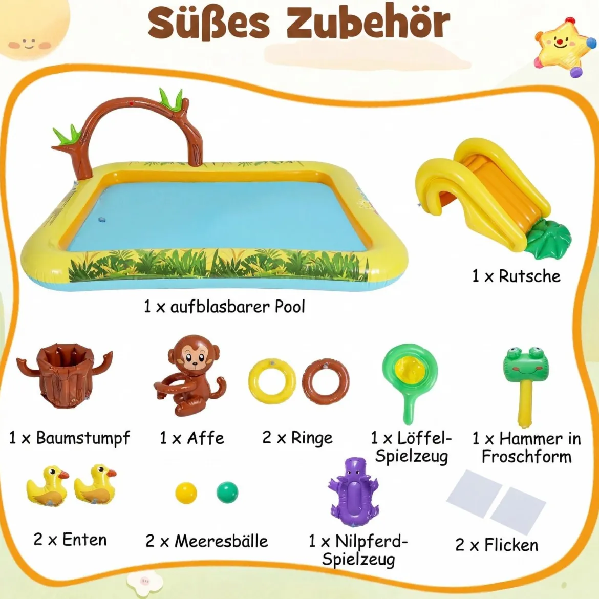 Aufblasbares Spielzentrum mit Rutsche Jungle Adventure Kinderpool mit Planschbecken Affe Sprinkler & Baumstumpf