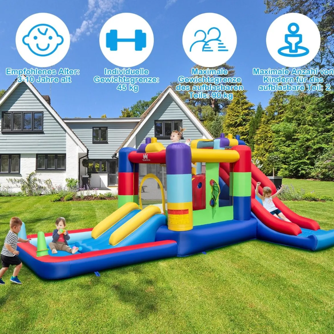 Aufblasbares Sprung Haus mit 680W Gebläse Sprungburg mit Rutsche & Ball-Pit 480 x 325 x 210 cm