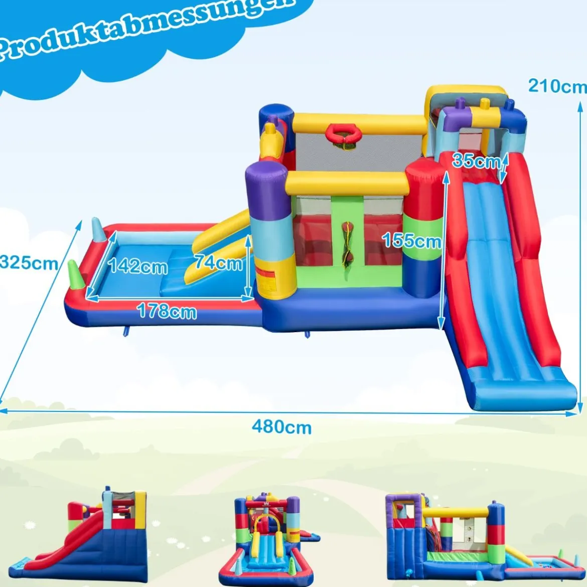 Aufblasbares Sprung Haus mit 680W Gebläse Sprungburg mit Rutsche & Ball-Pit 480 x 325 x 210 cm