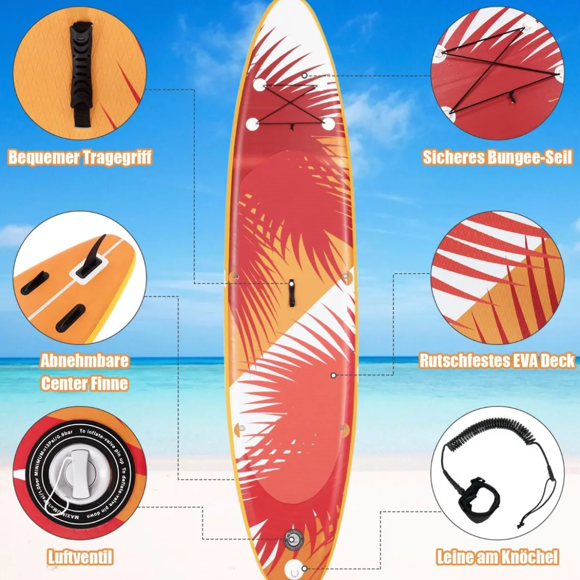 Aufblasbares Stand-up-Paddle-Board mit SUP-Zubehör Rucksack verstellbares Paddel 325 x 76 x 15 cm Orange