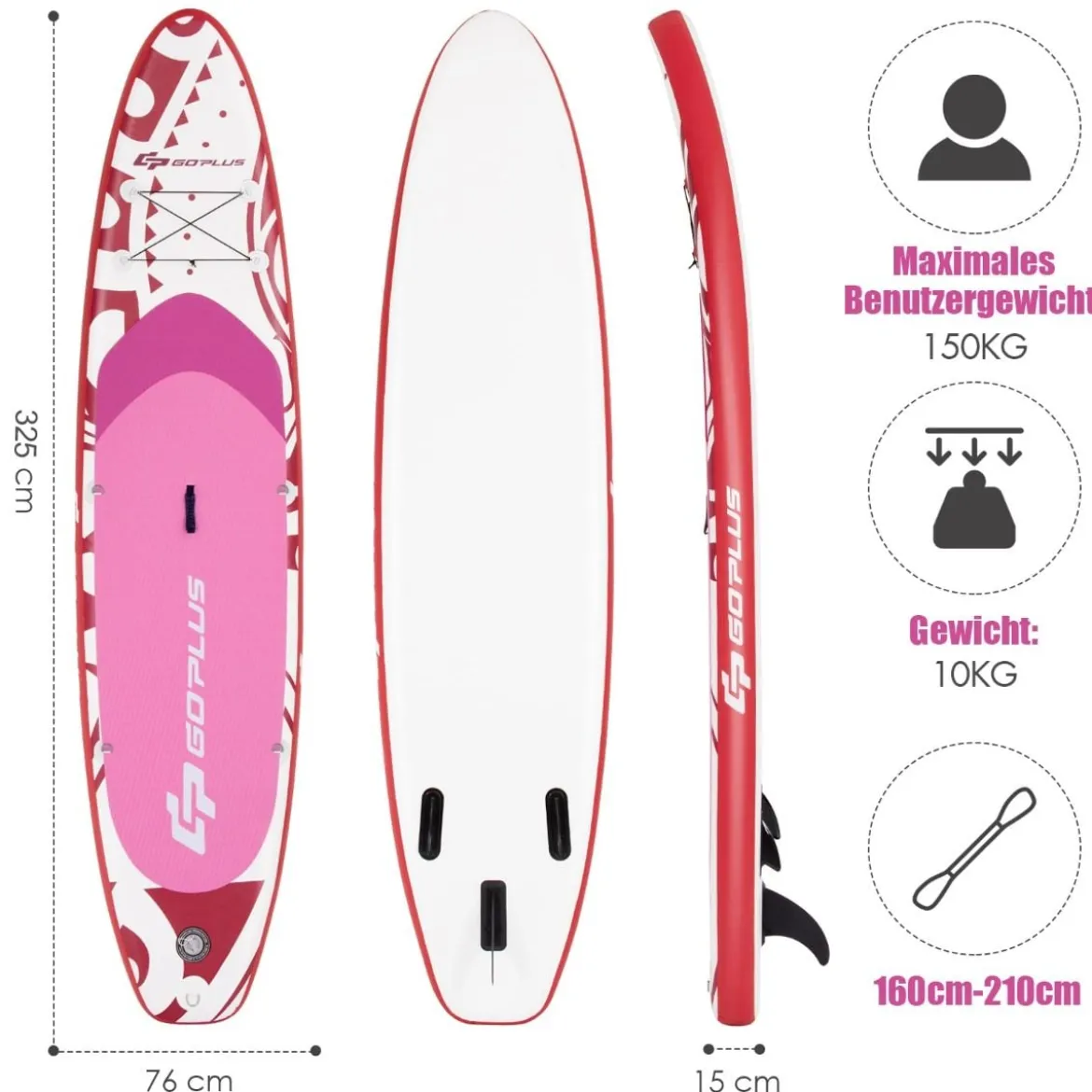 Aufblasbares Stand-up-Paddle-Board mit SUP-Zubehör Rucksack verstellbares Paddel 325 x 76 x 15 cm Rot