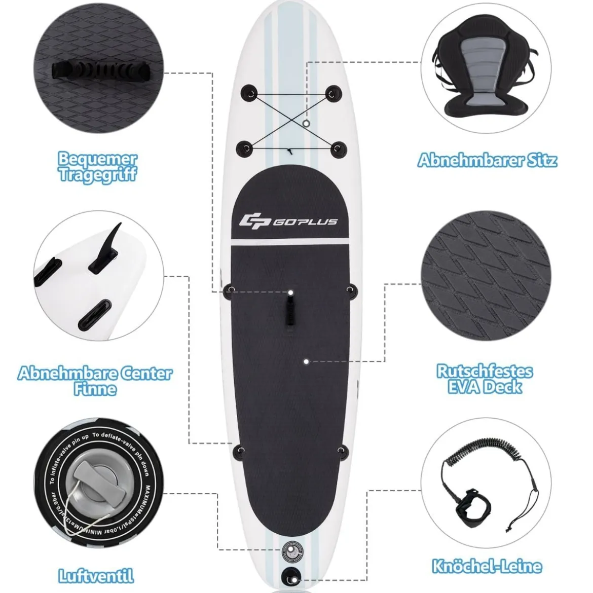 Aufblasbares Stand-up-Paddle-Board mit Rucksack Handpumpe verstellbares Paddel Sicherheitsleine Weiß