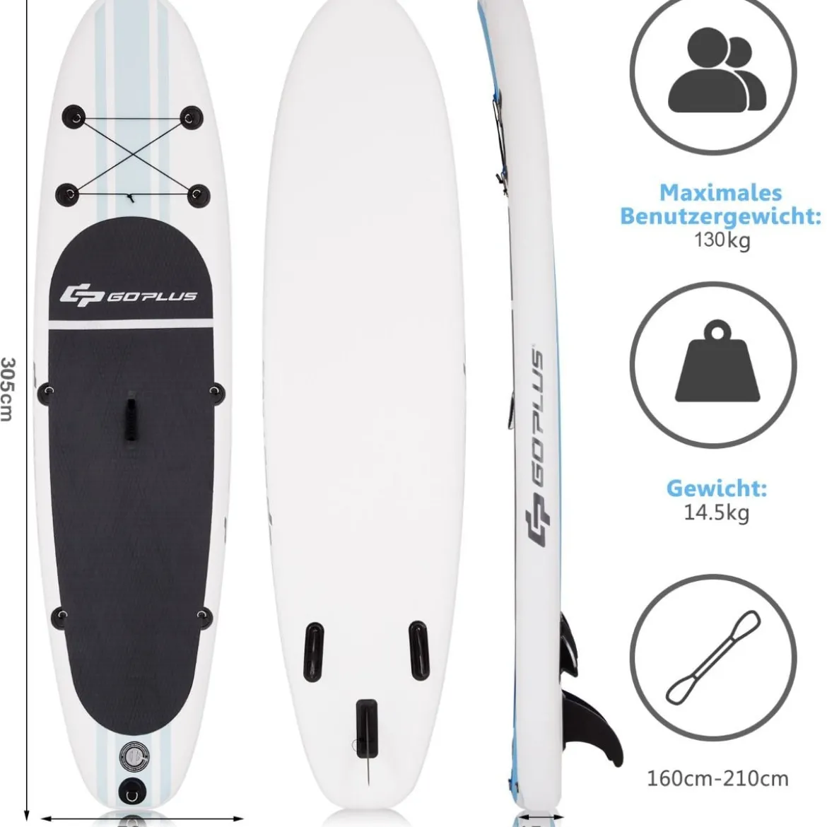 Aufblasbares Stand-up-Paddle-Board mit Rucksack Handpumpe verstellbares Paddel Sicherheitsleine Weiß