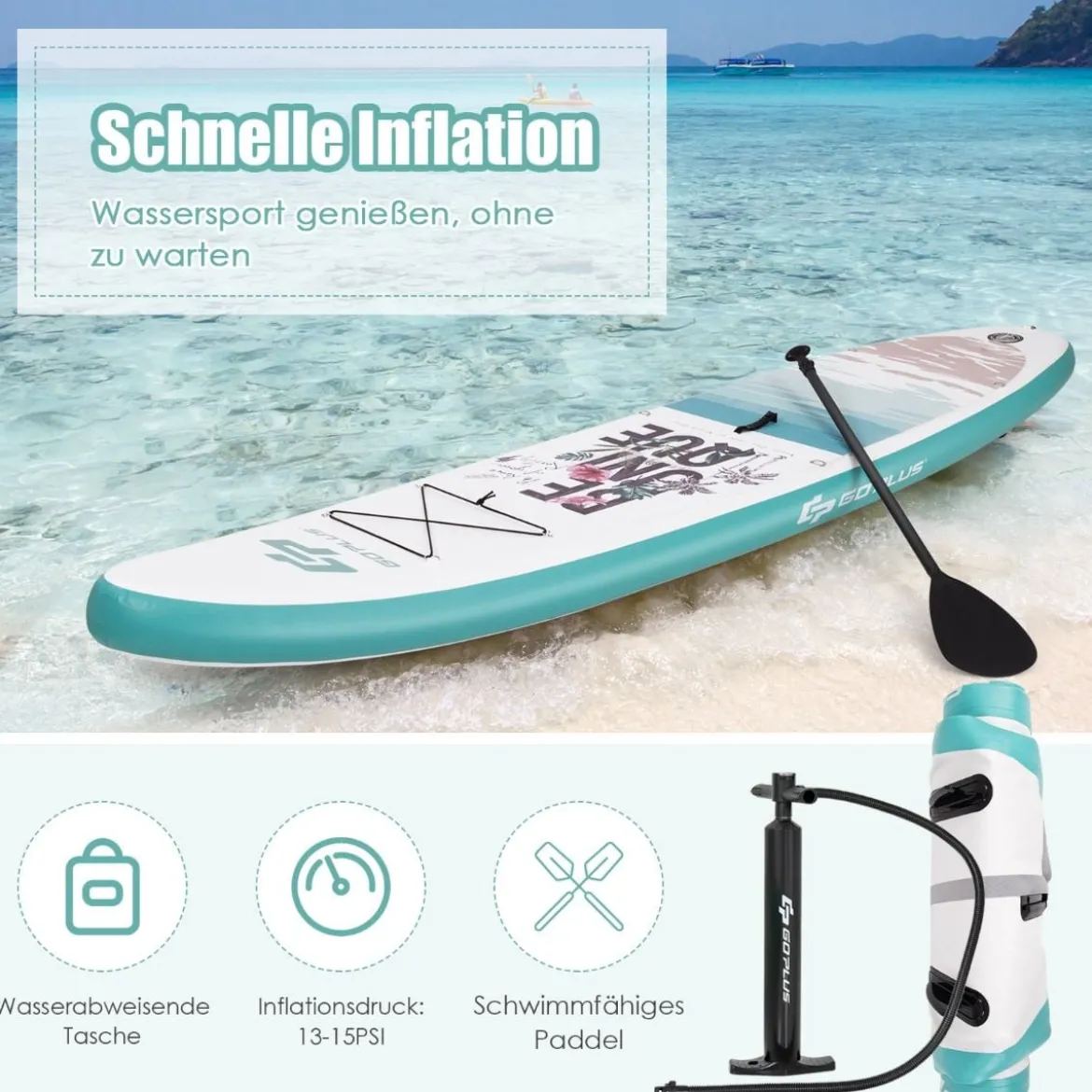 Aufblasbares Stand-up-Paddle-Board mit Rucksack Handpumpe verstellbares Paddel Sicherheitsleine Blau