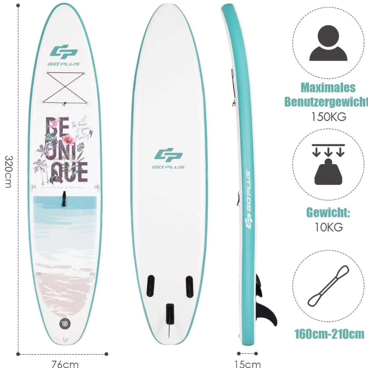 Aufblasbares Stand-up-Paddle-Board mit Rucksack Handpumpe verstellbares Paddel Sicherheitsleine Blau