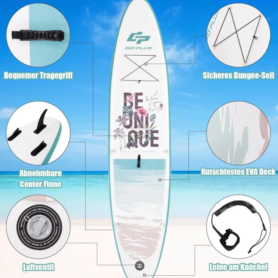 Aufblasbares Stand-up-Paddle-Board mit Rucksack Handpumpe verstellbares Paddel Sicherheitsleine Blau