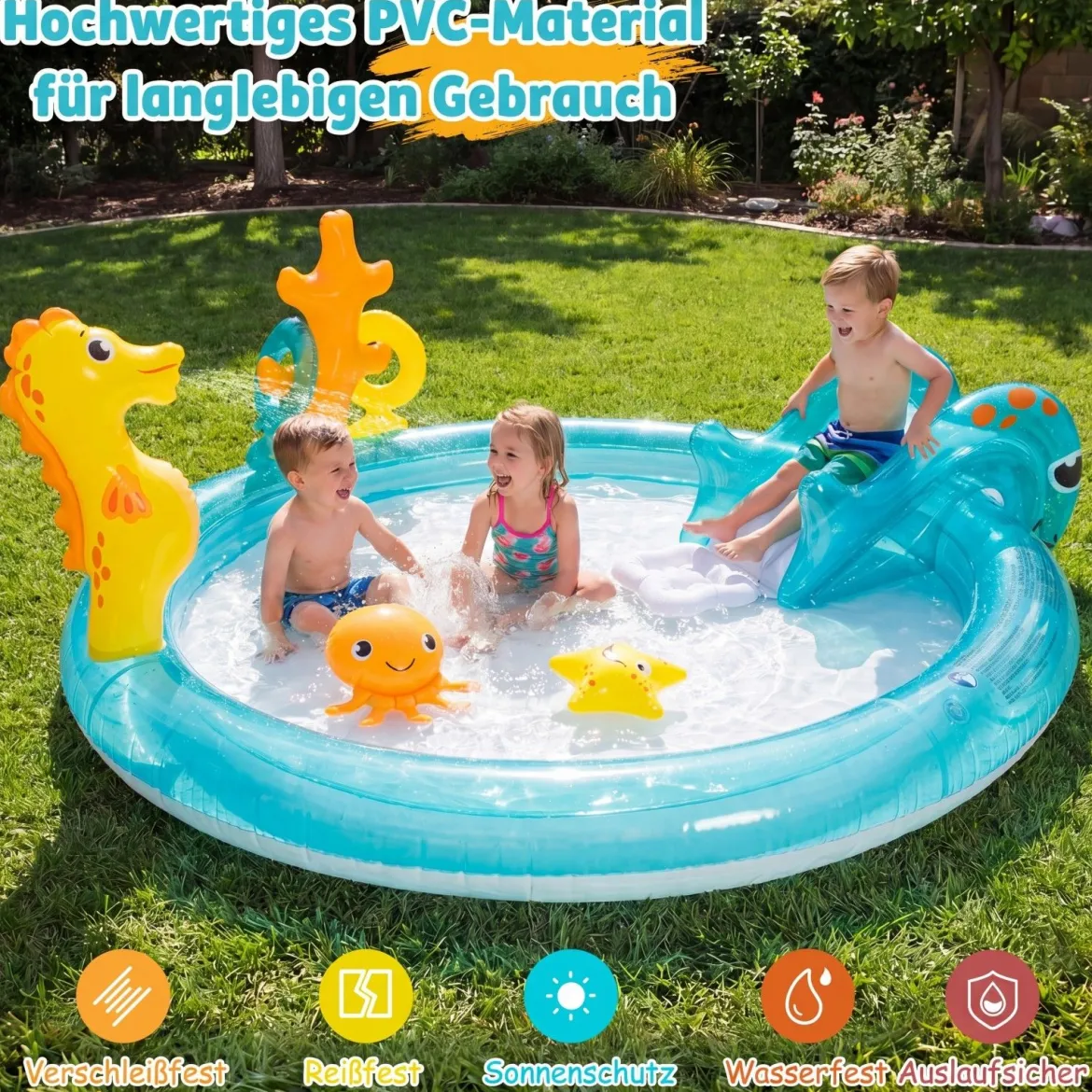 Aufblasbares Wasserspielcenter Planschbecken mit Rutsche & Wassersprinkler Kinder Play Center Poolrutsche 98 L