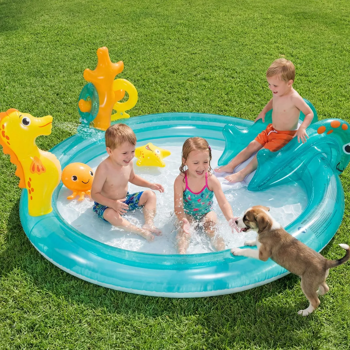 Aufblasbares Wasserspielcenter Planschbecken mit Rutsche & Wassersprinkler Kinder Play Center Poolrutsche 98 L