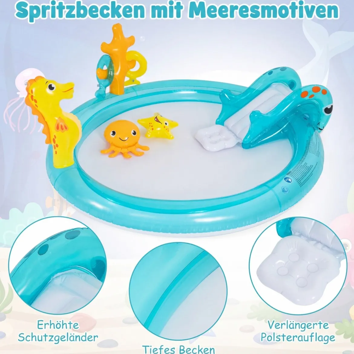 Aufblasbares Wasserspielcenter Planschbecken mit Rutsche & Wassersprinkler Kinder Play Center Poolrutsche 98 L