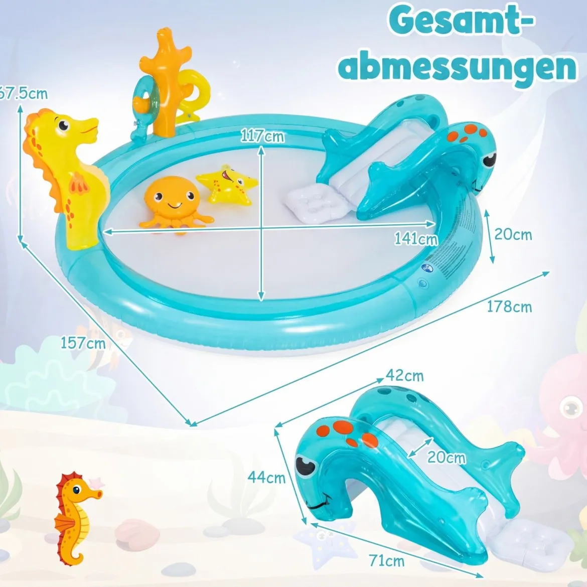Aufblasbares Wasserspielcenter Planschbecken mit Rutsche & Wassersprinkler Kinder Play Center Poolrutsche 98 L