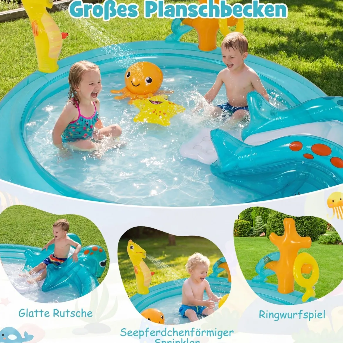 Aufblasbares Wasserspielcenter Planschbecken mit Rutsche & Wassersprinkler Kinder Play Center Poolrutsche 98 L