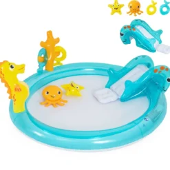 Aufblasbares Wasserspielcenter Planschbecken mit Rutsche & Wassersprinkler Kinder Play Center Poolrutsche 98 L