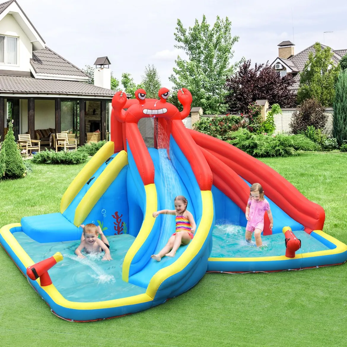 Aufblasbare Wasserpark mit Kletterwand 500 x 400 x 250 cm Rot + Gelb + Blau