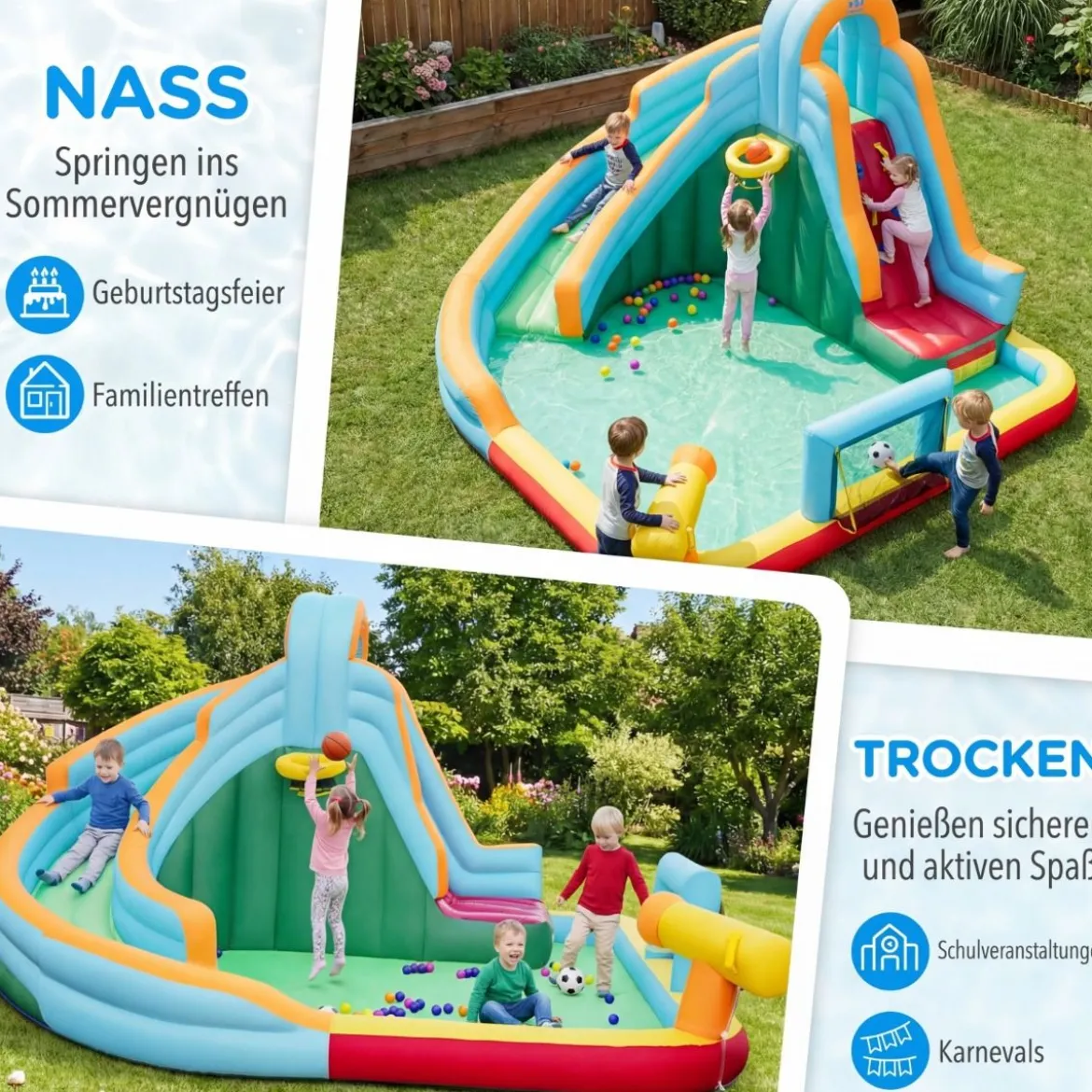 Aufblasbare Wasserrutsche Hüpfburg mit Ozeanbällen Fußball Basketball Kletterwand (ohne Gebläse)
