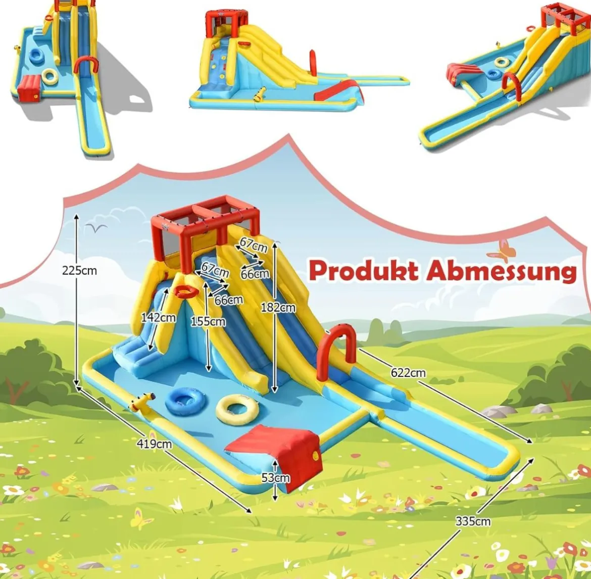 Aufblasbare Wasserrutsche mit Doppelrutsche & Kletterwand & Basketballkorb Hüpfburg Outdoor Wasserpark