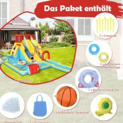 Aufblasbare Wasserrutsche mit Doppelrutsche & Kletterwand & Basketballkorb Hüpfburg Outdoor Wasserpark