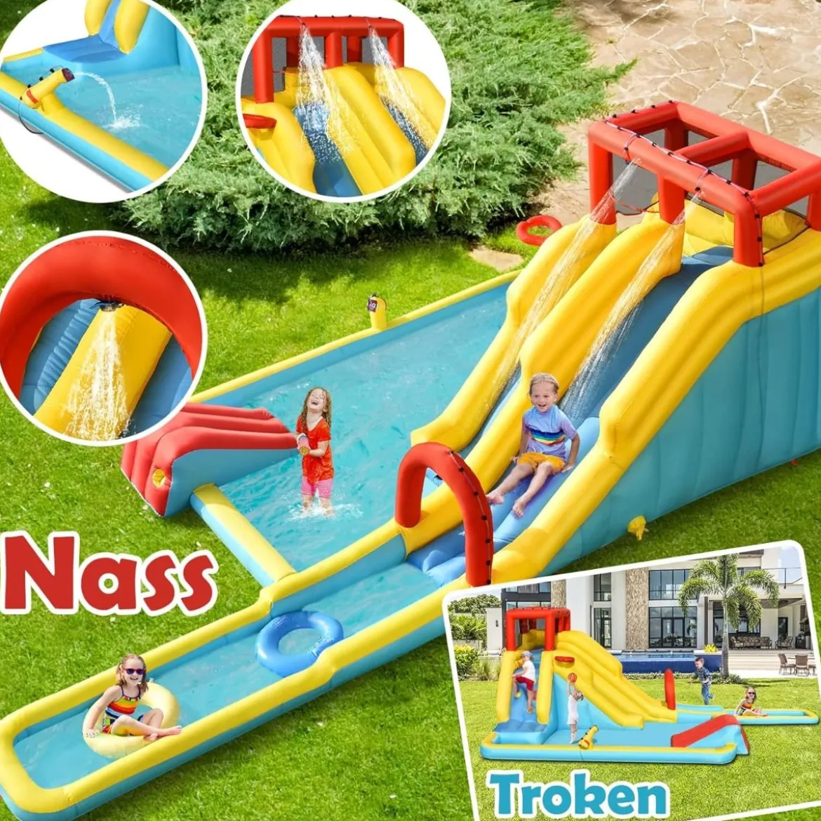 Aufblasbare Wasserrutsche mit Doppelrutsche & Kletterwand & Basketballkorb Hüpfburg Outdoor Wasserpark