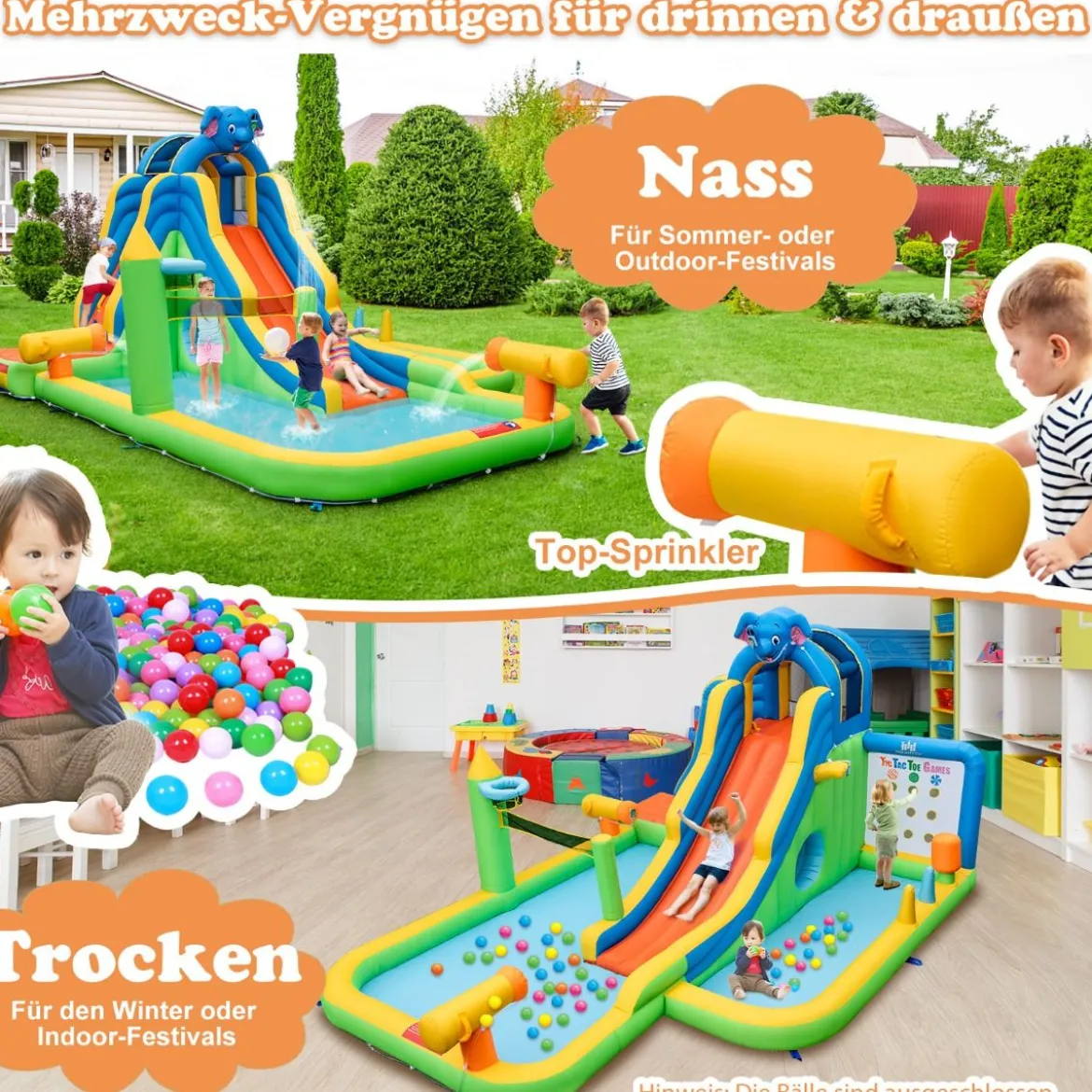 Aufblasbare Wasserrutsche mit Planschbecken & Kletterwand & Wasserkanonen ohne Gebläse