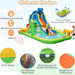 Aufblasbare Wasserrutsche mit Planschbecken & Kletterwand & Wasserkanonen ohne Gebläse