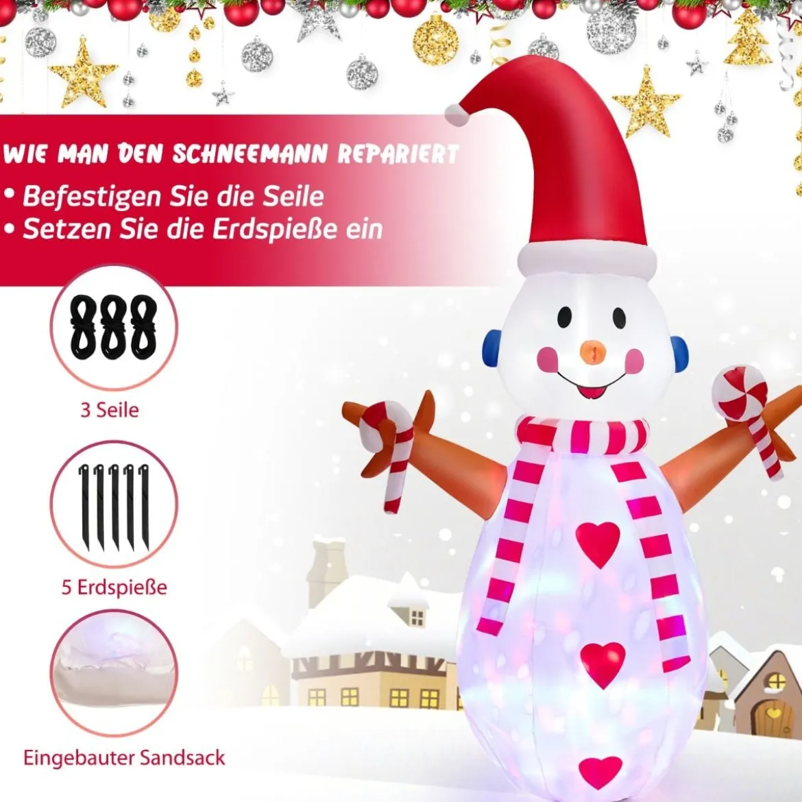 Aufblasbare Weihnachtsdekoration Schneemann mit Mehrfarbigen Rotierenden LED-Lichtern 240 cm